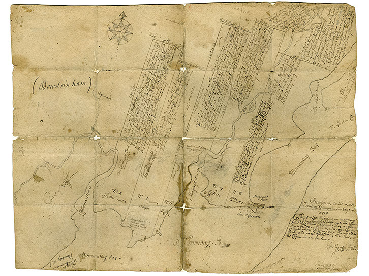 A map from 1718 showing some early lots created by the Pejepscot Proprietors.