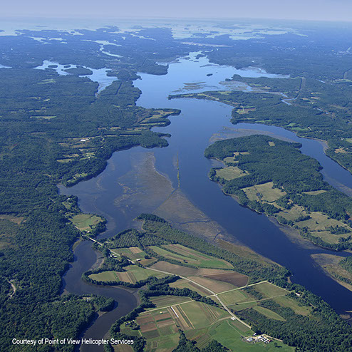 An aerial photo overlooking part of Merrymeeting Bay.